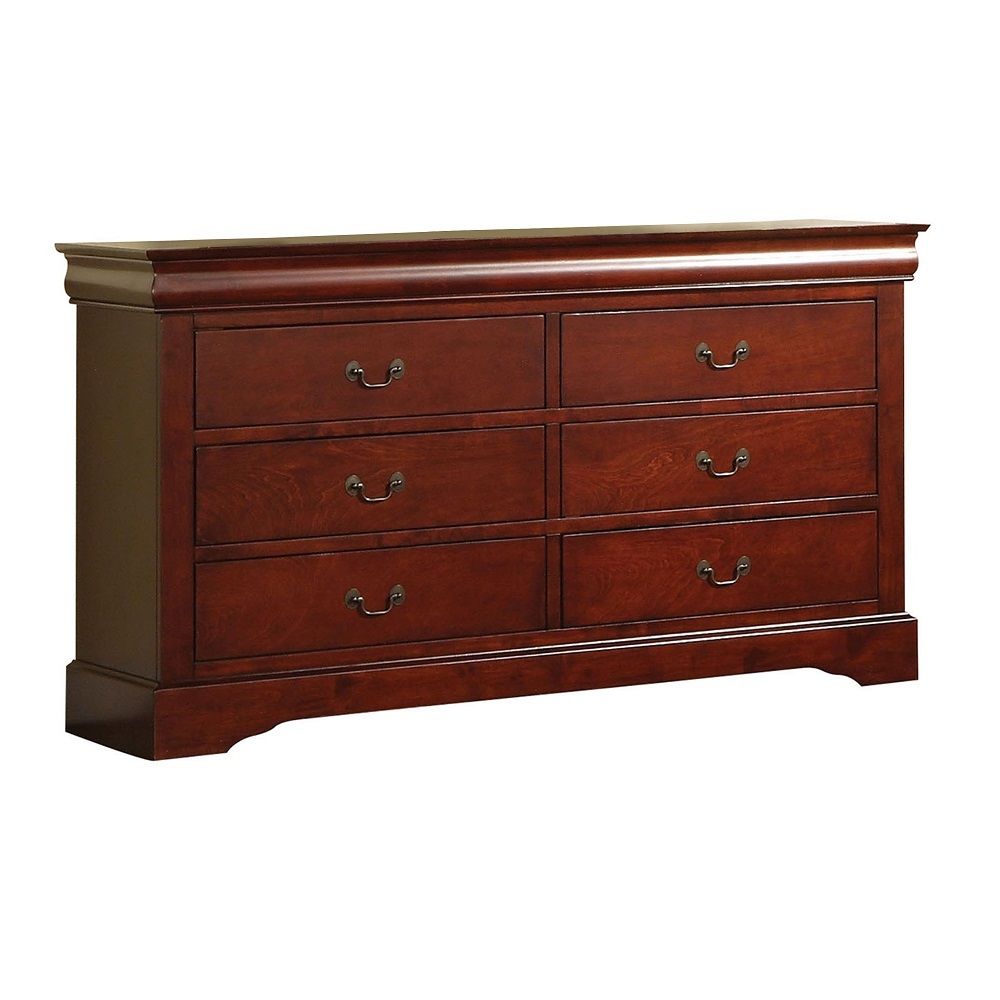This Louis Philippe III dresser comes in black, cherry, white, and antique gray finish. Features six drawers that provide ample space to store your clothing, bedding and linens. All drawers have brushed nicked metal hardware and center metal glides. This 