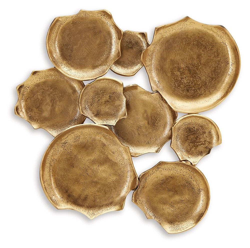 With a minimalistic design and antiqued goldtone finish, this wall art exudes modern sophistication. Whether it-'s displayed vertically or horizontally, this alluring metal sculpture is on the cutting edge of cool.<br/><br/><b>Product Features</b><ul><li>