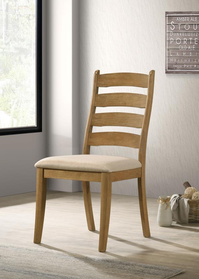 Put finishing touches on an inviting kitchen or dining room table with a set of two modern farmhouse dining chairs. Each boasts an armless silhouette with a ladder back design that adds timeless character. The warm brown oak wood grain finish is classic, 