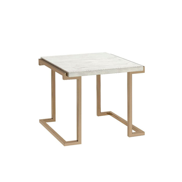The Boice II occasional table set features a trending combination of sleek and contemporary style, with faux marble top and champagne finish metal base. The modern lines of the base with its open return base and simple form top, make for an modern feel an