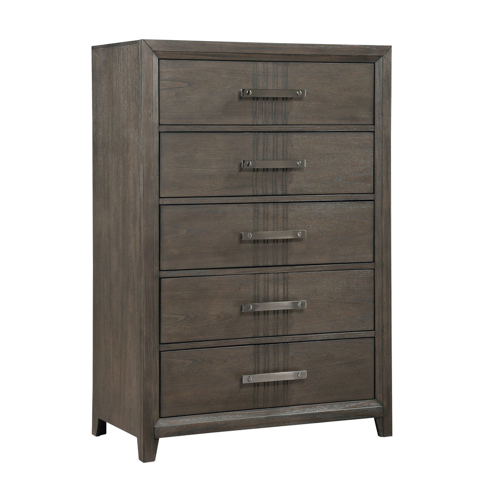 The Landon 5-Drawer Chest in Walnut is a perfect blend of durability, style, and functionality, making it an essential addition to any bedroom. Expertly crafted from solid Pine, high-quality engineered woods, and genuine Mindi wood veneers, this chest is 