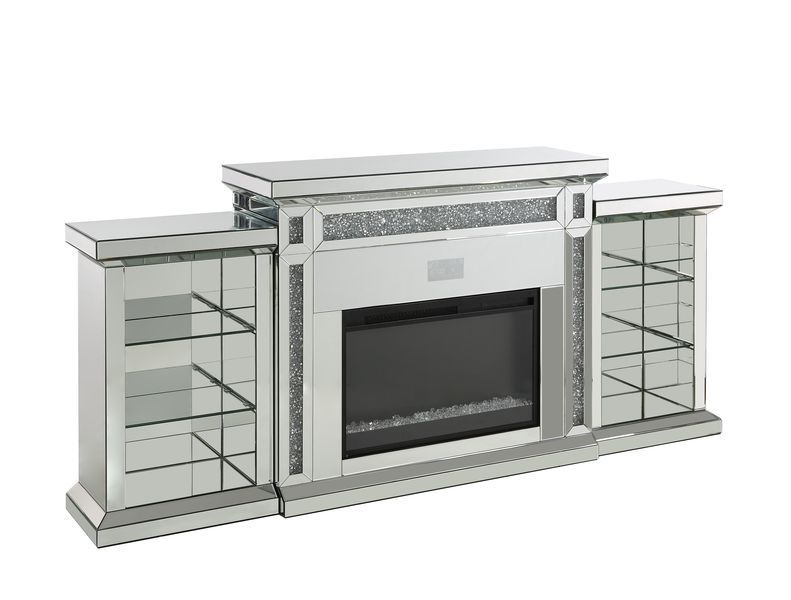 Framed with glimmering faux diamonds and encased by brilliant mirrors. The Noralie LED fireplace is sure to wow everyone. The lighted bookend shelves provide ample storage for reading materials, media accessories, or pottery. Control from anywhere in the 