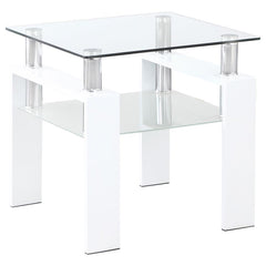 This square end table features a clear tempered glass top, complemented by a frosted tempered glass shelf for added storage or display. Supported by a sturdy metal frame, this piece combines both form and function. Its sleek design offers a modern look th