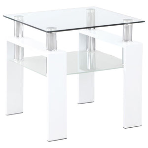 This square end table features a clear tempered glass top, complemented by a frosted tempered glass shelf for added storage or display. Supported by a sturdy metal frame, this piece combines both form and function. Its sleek design offers a modern look th
