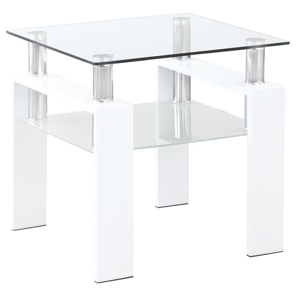 This square end table features a clear tempered glass top, complemented by a frosted tempered glass shelf for added storage or display. Supported by a sturdy metal frame, this piece combines both form and function. Its sleek design offers a modern look th