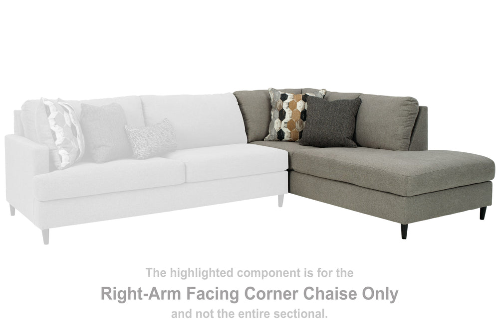 This right-arm facing corner chaise is made with polyester upholstery. Pairs with other items in the series to make a sectional.<br><br><b>Additional Dimensions</b><br><ul><li>Leg height: 4.5-"</li><li>Minimum width of doorway for delivery: 32-"</li><li>S
