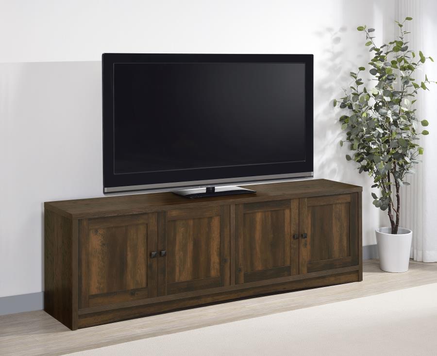 Create plenty of storage to accompany your large screen television with this modern TV stand. Designed to host a TV up to 85 inches, it-'s a long, linear structure with clean, precise lines that blend into most spaces. Its neutral finish complements melam