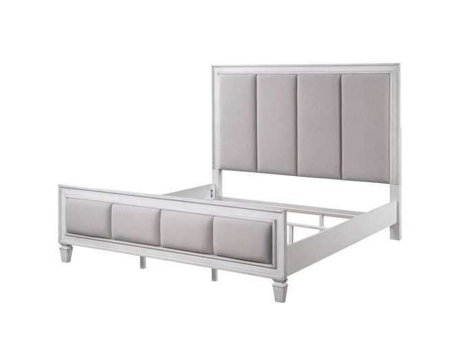 The Katia collection is perfect for creating a modern rustic or farmhouse aesthetic. Merging old and new design features and finishes. The bed features a channel-tufted headboard and footboard in gray linen that pops against the white frame. The case good