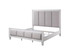 The Katia collection is perfect for creating a modern rustic or farmhouse aesthetic. Merging old and new design features and finishes. The bed features a channel-tufted headboard and footboard in gray linen that pops against the white frame. The case good