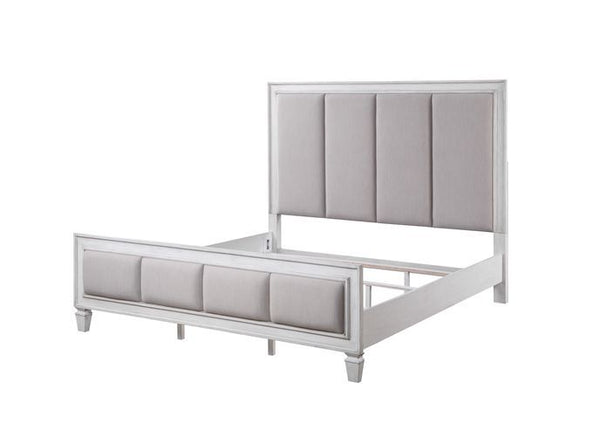 The Katia collection is perfect for creating a modern rustic or farmhouse aesthetic. Merging old and new design features and finishes. The bed features a channel-tufted headboard and footboard in gray linen that pops against the white frame. The case good