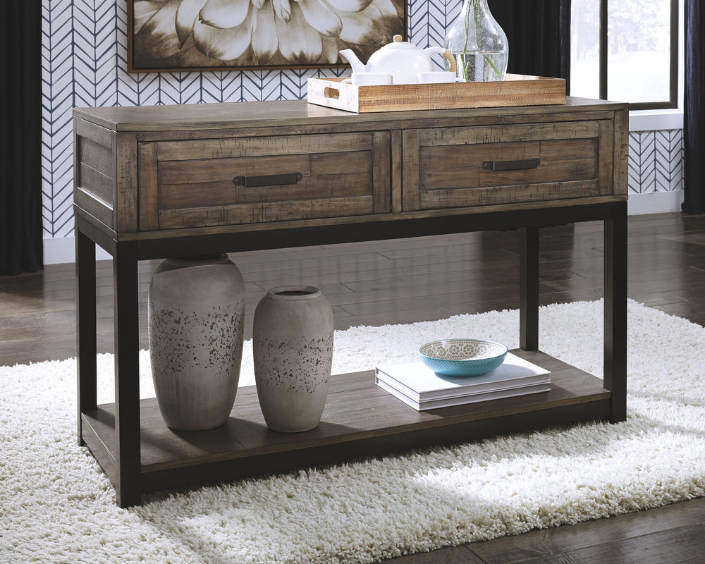 Combining a two-tone finish with a gently distressed texture produces one very distinctive sofa table. Whether your style is modern farmhouse or urban industrial, the Johurst sofa table is the perfect accent for your rustic retreat.<br><br><b>Additional D