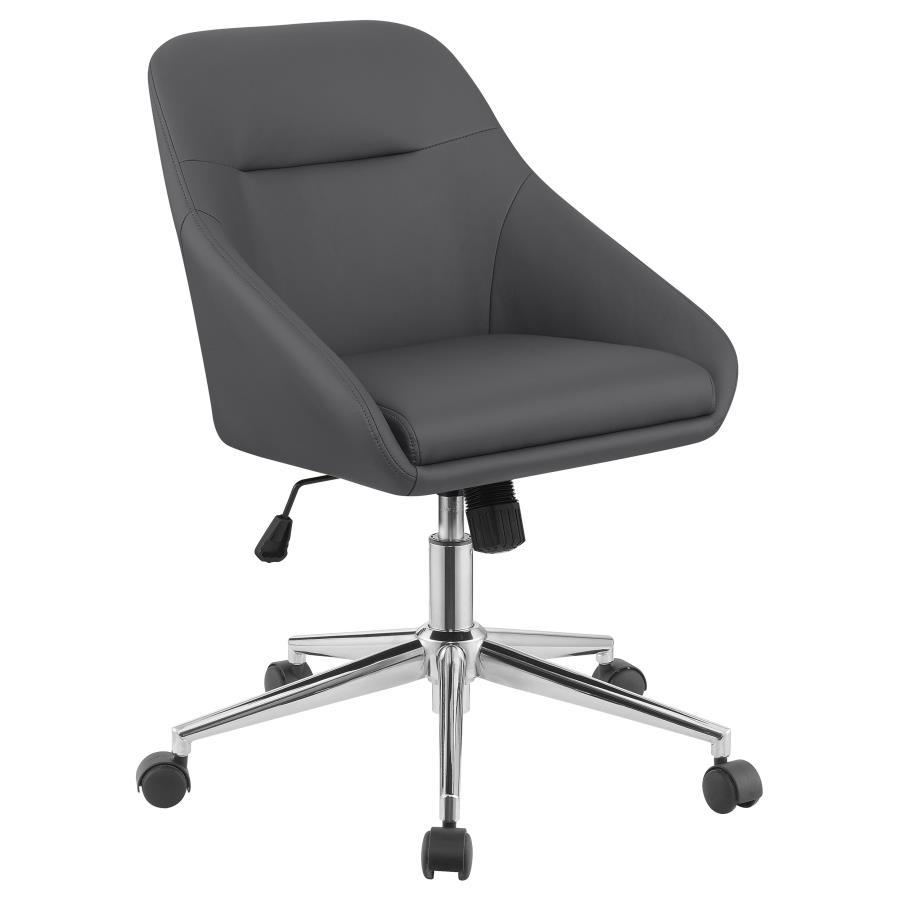 Wrapped in soft and smooth leatherette, this modern office chair features contoured edges for an elegant, contemporary silhouette. Lean against the supportive, comfortable backrest as you focus on work and other tasks. The seating also features a pintuck 