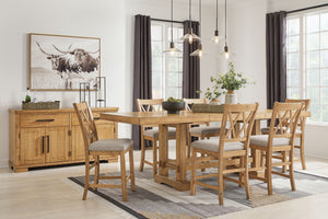 This dining package is a favorite for casual rustic interiors. Casual Rustic design. Made with Rubberwood solids, distressed Pine veneers and MDF substrates. Distressed light brown Pine finish. Counterheight extension table with two center leaves, can sit