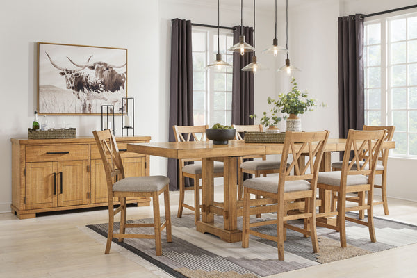 This dining package is a favorite for casual rustic interiors. Casual Rustic design. Made with Rubberwood solids, distressed Pine veneers and MDF substrates. Distressed light brown Pine finish. Counterheight extension table with two center leaves, can sit