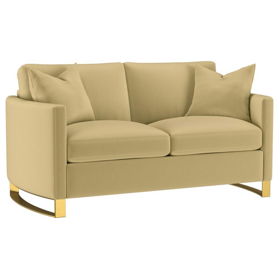 Indulge in opulent comfort with this textured velvet loveseat. Its reversible feather blend seat and back cushions, complemented by curved arms and gold stainless steel legs. Smooth upholstery and lustrous details blend simplicity with timeless splendor, 