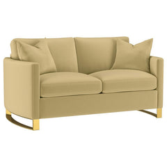 Indulge in opulent comfort with this textured velvet loveseat. Its reversible feather blend seat and back cushions, complemented by curved arms and gold stainless steel legs. Smooth upholstery and lustrous details blend simplicity with timeless splendor, 