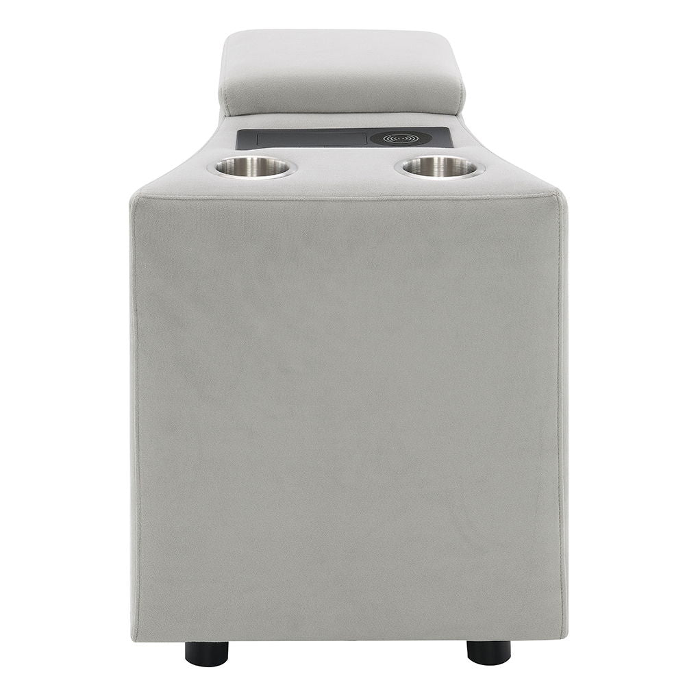 Emee - Console With USB - Gray Corduroy<br/><br/><b>Product Features</b><ul><li>Seat Construction: Pocket Coil</li><li>Tight Seat & Back Cushion</li><li>Curved Armrest Design</li><li>Console w/2 Cup Holders, Wireless Charge & USB Port</li></ul><br/>
