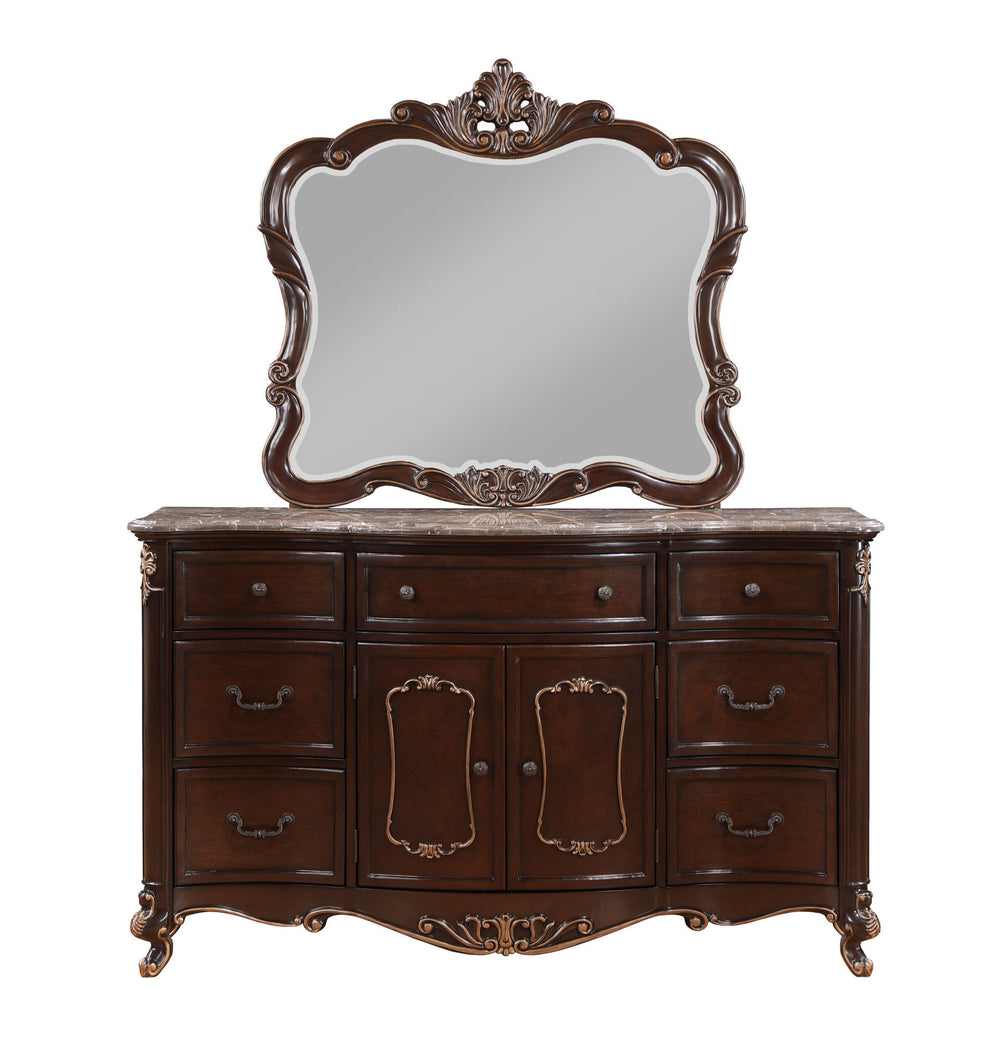 The Constantine Marble Top 6 Drawer Dresser by Royal Classics offers timeless elegance and exceptional craftsmanship. This large dresser, finished in rich Cherry, is crafted from a blend of Solid Pine and Fancy Face Birch Veneers, ensuring heirloom qualit