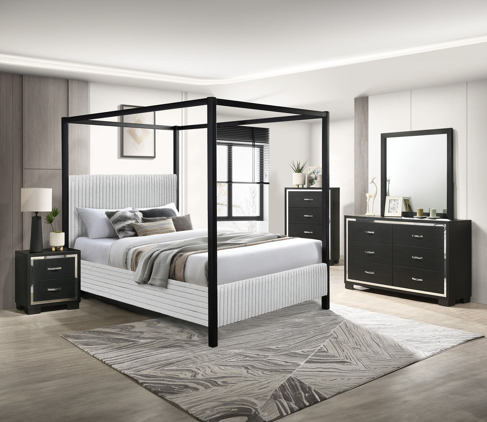 Redefine luxury and style in your bedroom with this stunning canopy bed, designed to make a bold yet elegant statement. Its sleek, minimalist frame provides a modern take on timeless sophistication, while the upholstered headboard, featuring soft vertical