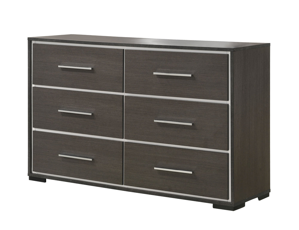Discover the modern charm of this bedroom collection, featuring a clean-lined design with a warm dark finish. The centerpiece is a bed with a stylish tufted headboard, providing a touch of class. This set includes a matching dresser, chest, and nightstand