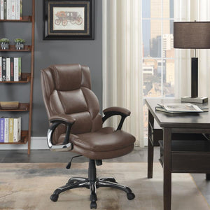  this office chair features plush seating and headrest for working long hours. Wrapped in a supple leatherette