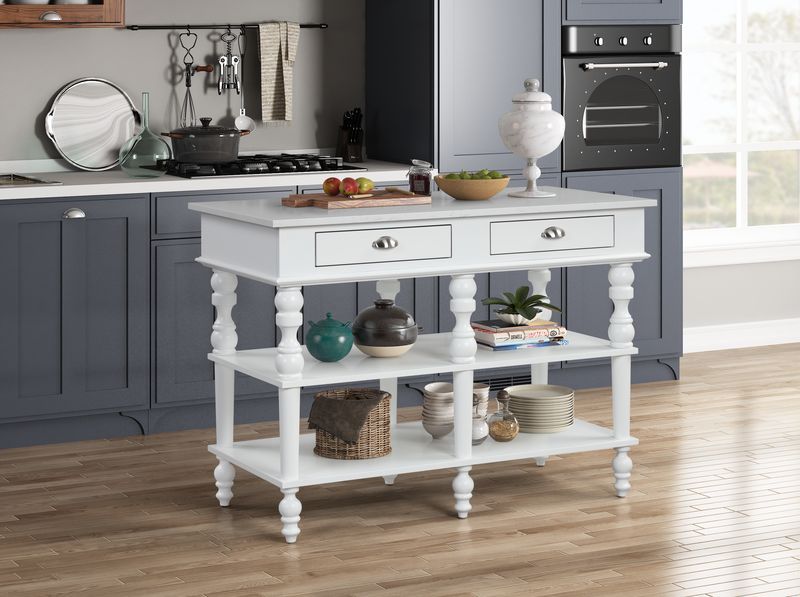 Rectangular Kitchen IslandStorage: 2 Drawers & 2 Tier ShelvesFull Extension Drawer GlideSide Metal GlideMarble Top Wooden Turned Leg<br/><br/><b>Product Features</b><ul><li>Rectangular Kitchen Islandâ€§Storage: 2 Drawers & 2 Tier Shelvesâ€§Full Extension 