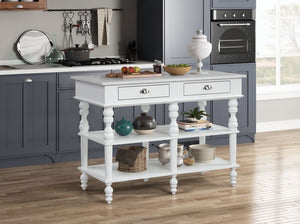 Rectangular Kitchen IslandStorage: 2 Drawers & 2 Tier ShelvesFull Extension Drawer GlideSide Metal GlideMarble Top Wooden Turned Leg<br/><br/><b>Product Features</b><ul><li>Rectangular Kitchen Islandâ€§Storage: 2 Drawers & 2 Tier Shelvesâ€§Full Extension 