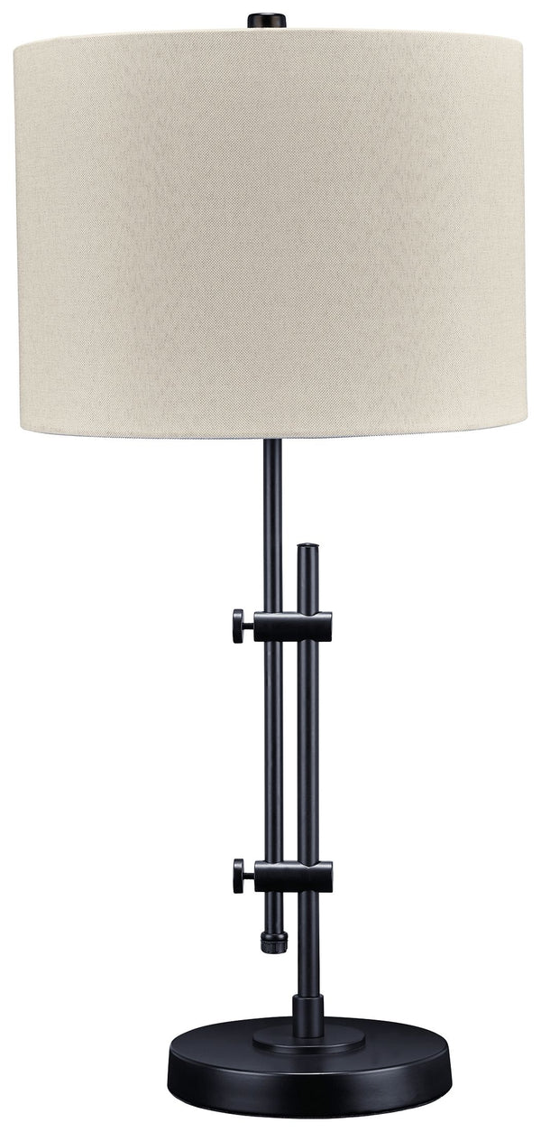 This metal desk lamp features a beautiful black finish that adds a rich accent to your living space. The lamp is elegantly engineered, and is adjustable to provide targeted illumination. Topped off with a crisp white drum shade, this lamp provides a subtl