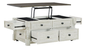  this lift-top coffee table blends distinctive details such as turned post accents and raised drawer fronts for a substant