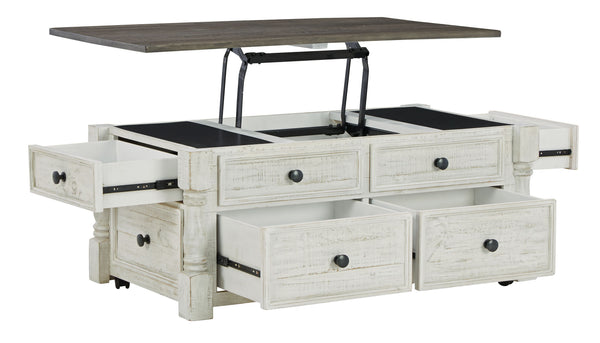  this lift-top coffee table blends distinctive details such as turned post accents and raised drawer fronts for a substant
