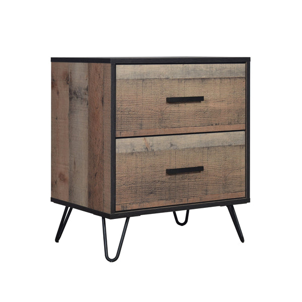 The Elk River Two Drawer Nightstand offers a seamless blend of functionality and rugged charm, making it an essential addition to any bedroom. This nightstand is meticulously crafted from eco-friendly manufactured woods and finished with a decorative lami