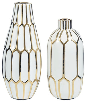 Stunning in goldtone and white, this 2-piece vase set is what your homeâ€™s been missing. Varying sizes in the honeycomb-inspired geometric pattern bring visual appeal. These vases arenâ€™t just good for looks, theyâ€™re durable enough to go outside, too.
