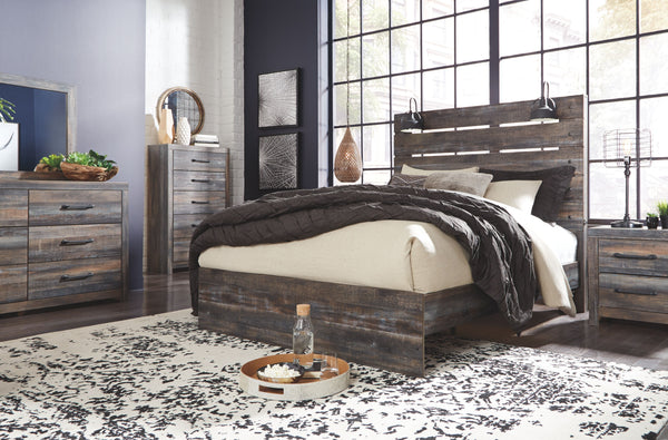 Burnt orange and teal colors accent a brown rustic finish in a replicated woodgrain with authentic touch. Large scaled dark colored handles. Cases feature a framed front and pilasters. All panel headboards (53,57,58,87) feature decorative matte black scon
