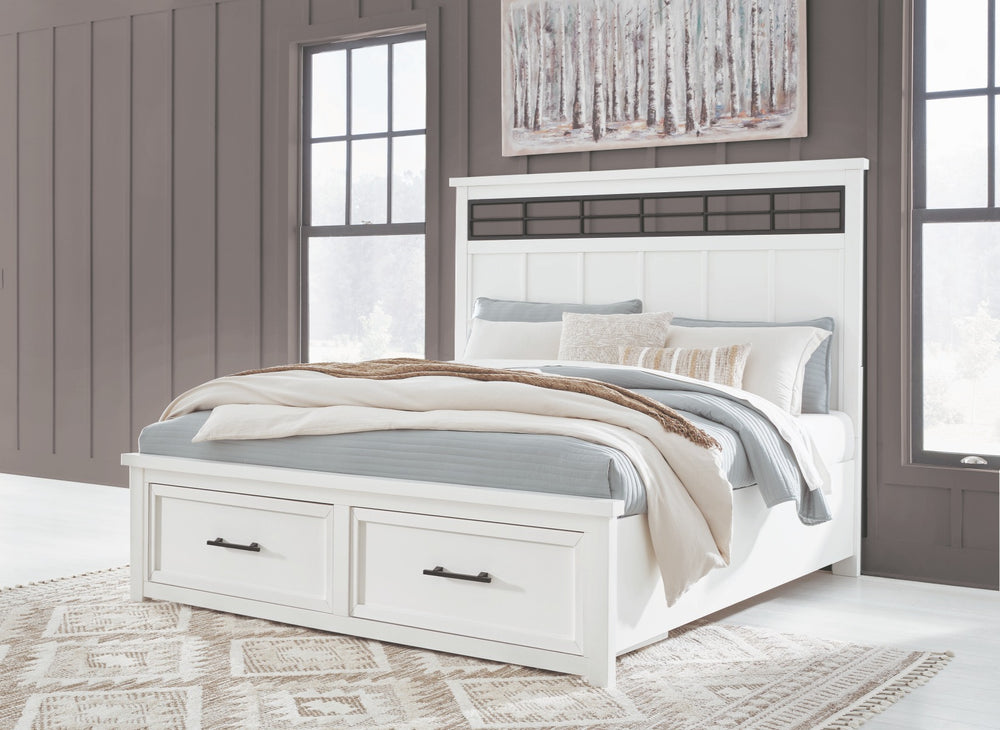 This queen panel storage bed delivers casual style with substance. An inset metal detail on the headboard displays a unique take on modern farmhouse design. The bed-'s sturdy silhouette, classic white finish and black pulls exude a comfortably cozy vibe i
