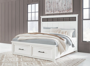 This queen panel storage bed delivers casual style with substance. An inset metal detail on the headboard displays a unique take on modern farmhouse design. The bed-'s sturdy silhouette, classic white finish and black pulls exude a comfortably cozy vibe i