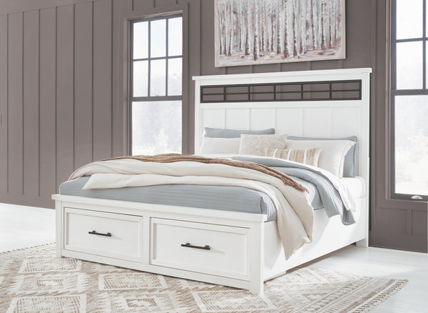 This queen panel storage bed delivers casual style with substance. An inset metal detail on the headboard displays a unique take on modern farmhouse design. The bed-'s sturdy silhouette, classic white finish and black pulls exude a comfortably cozy vibe i