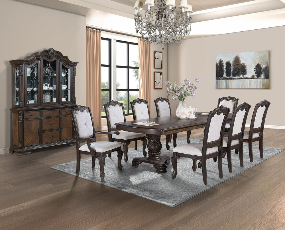 Elevate your dining experience with this exquisite and elegantly crafted set, designed to bring timeless sophistication to your home. The grand rectangular table features a rich, dark finish and intricately carved double pedestal base, making it the perfe