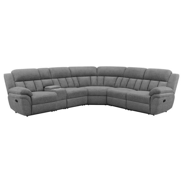 The perfect addition to an entertainment room or spacious living room, this expansive six-piece modular sectional seats up to five people. Wrapped in a charcoal performance chenille, this sectional is soft to the touch. With manual recline options, this f
