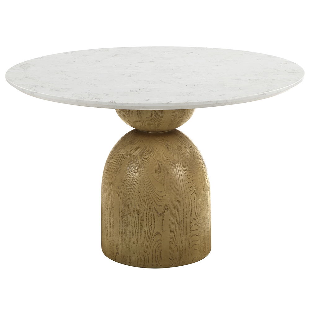 Kala collection exudes elegance with its round dining marble top table and oak finish base. Featuring a fixed table top, this set pairs perfectly with upholstered chairs that provide comfort and style. The metal legs of the chairs add a modern touch, maki