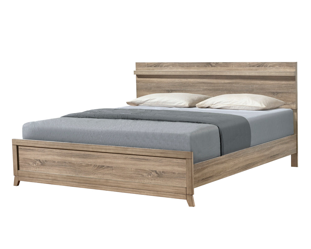 This bedroom collection brings a breath of fresh air to any interior with its light, natural wood finish that evokes a sense of calm and simplicity. The well-crafted bed frame, with its clean lines and subtle headboard design, provides a modern rustic cha