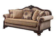 The Chateau De Ville sofa set surrounds you in a warm and cozy embrace. Wood carved details with nail-head accent embody a timeless look with an old world flair. Floral decorative pillows and upholstered cushions with tufted details soften the whole const