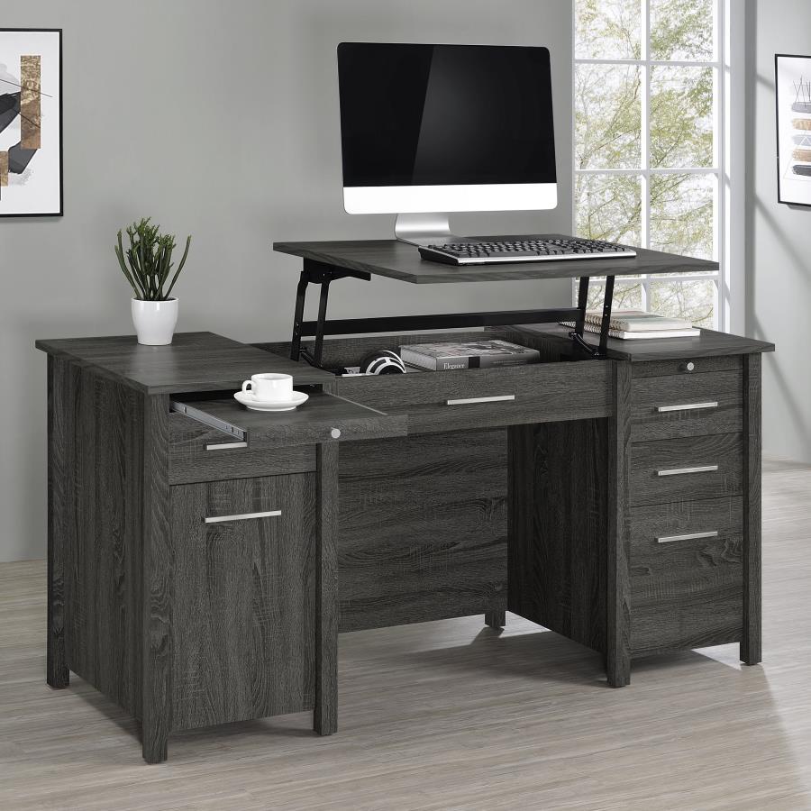 Create the perfect ergonomic home office setup with this contemporary lift top office desk. A smooth surface all around, this contemporary desk features clean lines and plenty of space for work or study. Spacious drawers help organize office files and ess