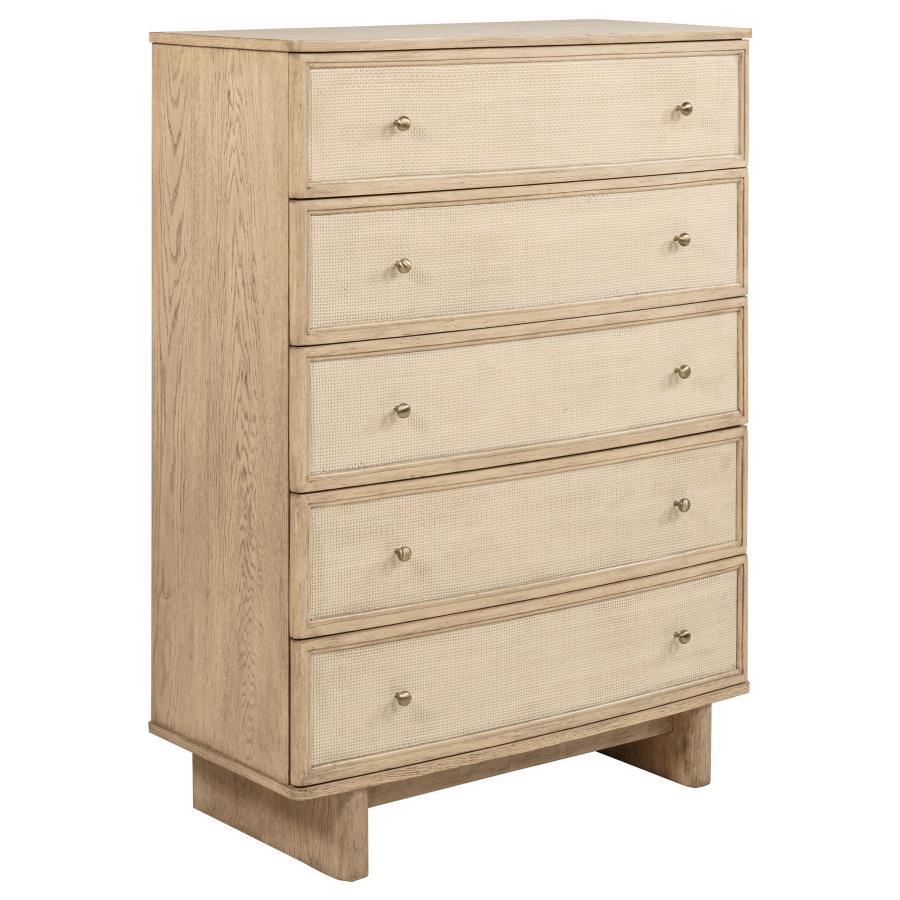 This five-drawer chest is the perfect blend of practicality and style, offering ample storage for your bedroom while enhancing its overall aesthetic. The beige oak finish exudes natural warmth, while the smooth metal extension glides ensure easy access to
