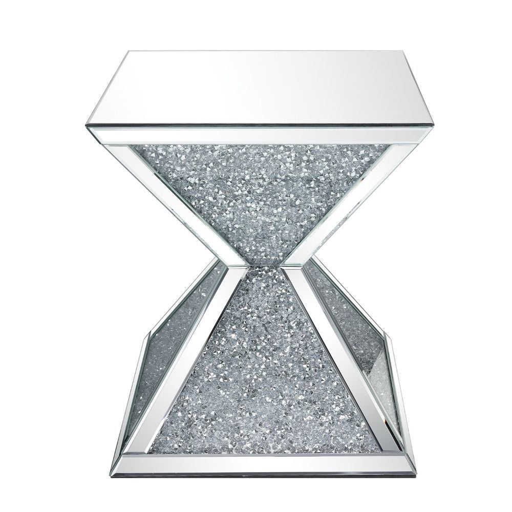 Assembled, Square End Table â€¢ NO Storage â€¢ Features: Mirrored Top, Geometric Base w/Faux Diamonds Inlay & Clear Glass â€¢â€¢ CONSTRUCTION â€¢â€¢ Mirrored Top: Beveled Mirror, MDF â€¢ Mirrored Geometric Base: 2 Pyramids with Beveled Mirror Trim, Faux D