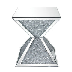 Assembled, Square End Table â€¢ NO Storage â€¢ Features: Mirrored Top, Geometric Base w/Faux Diamonds Inlay & Clear Glass â€¢â€¢ CONSTRUCTION â€¢â€¢ Mirrored Top: Beveled Mirror, MDF â€¢ Mirrored Geometric Base: 2 Pyramids with Beveled Mirror Trim, Faux D