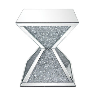 Assembled, Square End Table â€¢ NO Storage â€¢ Features: Mirrored Top, Geometric Base w/Faux Diamonds Inlay & Clear Glass â€¢â€¢ CONSTRUCTION â€¢â€¢ Mirrored Top: Beveled Mirror, MDF â€¢ Mirrored Geometric Base: 2 Pyramids with Beveled Mirror Trim, Faux D