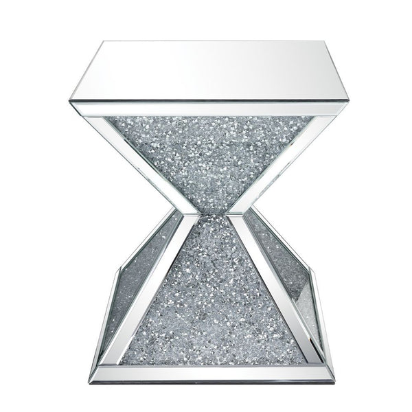 Assembled, Square End Table â€¢ NO Storage â€¢ Features: Mirrored Top, Geometric Base w/Faux Diamonds Inlay & Clear Glass â€¢â€¢ CONSTRUCTION â€¢â€¢ Mirrored Top: Beveled Mirror, MDF â€¢ Mirrored Geometric Base: 2 Pyramids with Beveled Mirror Trim, Faux D