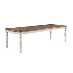 Rectangular Legs Table TwoTone Dining: Oak Top & Antique White Base Extension Top: 2 Removable Leaves (18-") Wooden Top & Apron Padded Seat & Back Cushion: Gray Fabric Wooden Turned Legs(Front) Server with 2 Drawers & 2 Doors Table Available in Two Sizes
