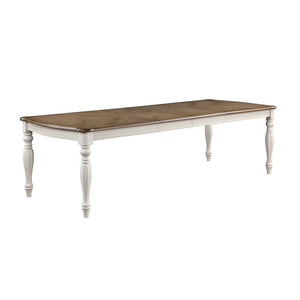 Rectangular Legs Table TwoTone Dining: Oak Top & Antique White Base Extension Top: 2 Removable Leaves (18-") Wooden Top & Apron Padded Seat & Back Cushion: Gray Fabric Wooden Turned Legs(Front) Server with 2 Drawers & 2 Doors Table Available in Two Sizes