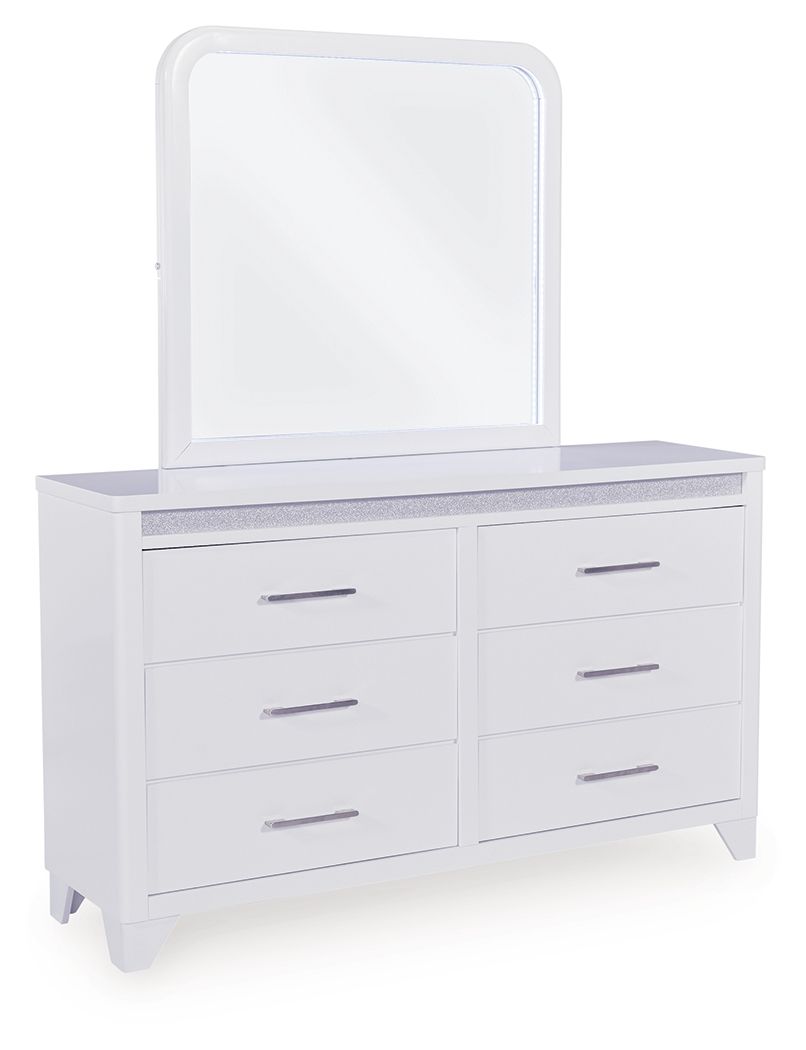 This dresser with mirror is a showstopper, bringing a touch of modern glamour to your sanctuary. A sleek white finish and inset glitter accents create a luxurious feel, while six spacious drawers provide ample storage for your wardrobe. The mirrorÐ²Ð‚â„¢s